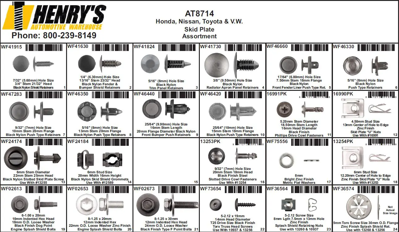 Honda Nissan Toyota VW Skid Plate Assortment Tray - AT8714