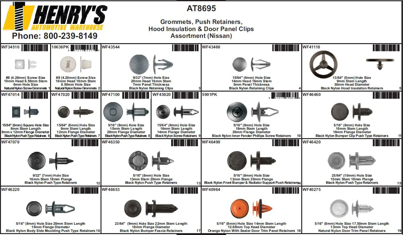 Nissan Grommets Push Retainers Door Panel Clips Assortment Tray - AT8695